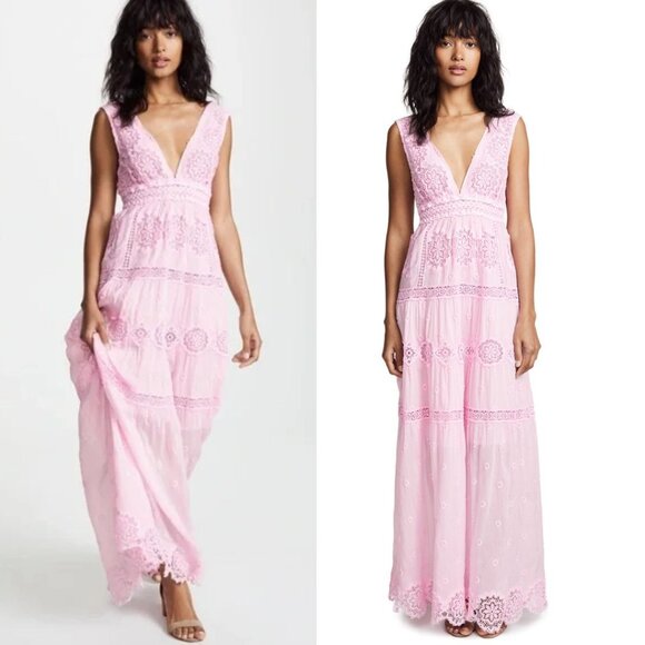 Temptation Positano Maldive Maxi Dress Pink Sleeveless Lace Crochet Silk Cotton - Picture 1 of 12